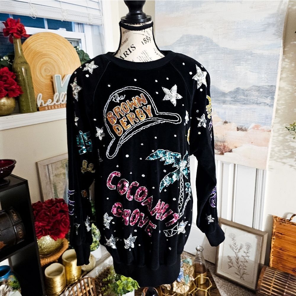 Vtg 80's Bonnie Boerer Velour Embellished Iconic Hollywood Club Scene Sweater. - Picture 4 of 15